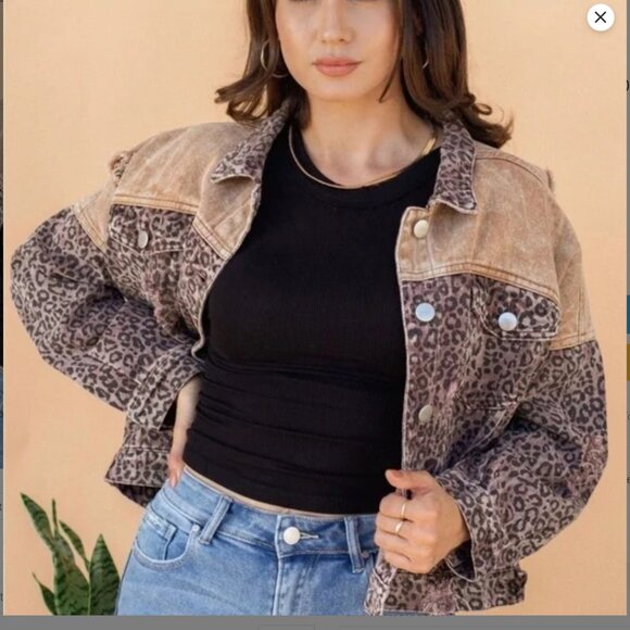 HYFVE Denim Jean Jacket Leopard Animal Print Button Down Tan Cotton Cropped L - Picture 1 of 9